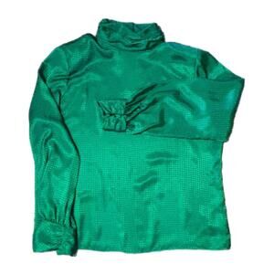 80s emerald green vintage style jacquard satin blouse (14)